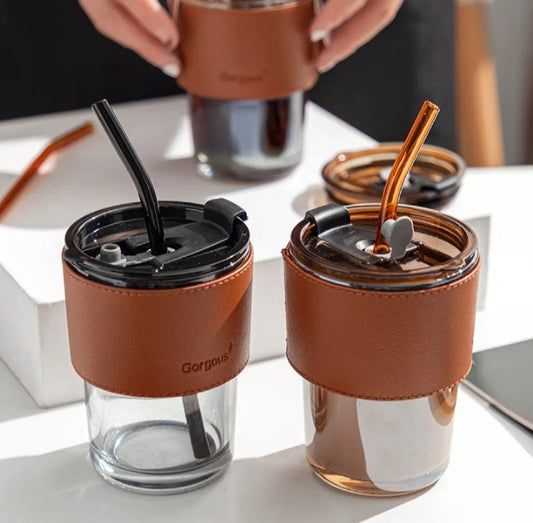 50ml Reusable Glass Coffee Tumbler – With Straw, Lid & Protective Leather Sleeve | Eco-Friendly & Stylish