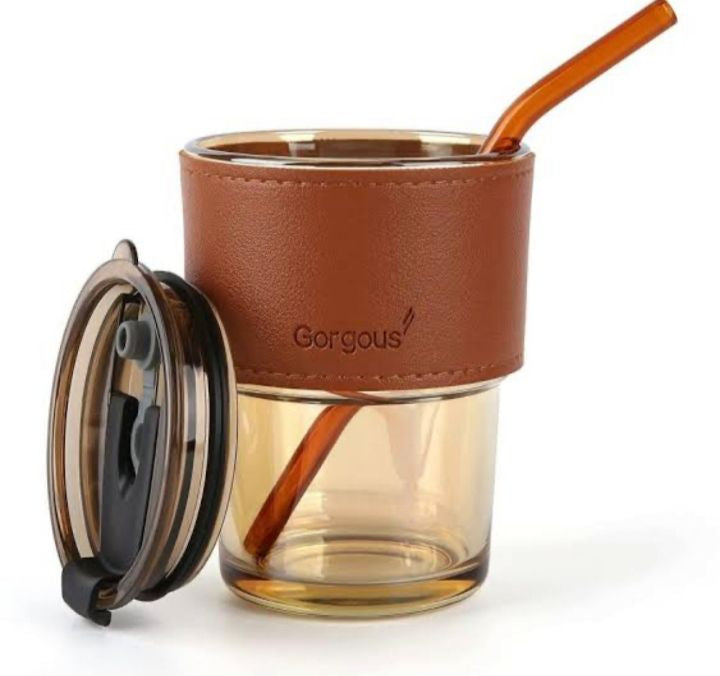 50ml Reusable Glass Coffee Tumbler – With Straw, Lid & Protective Leather Sleeve | Eco-Friendly & Stylish