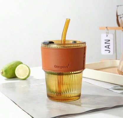 50ml Reusable Glass Coffee Tumbler – With Straw, Lid & Protective Leather Sleeve | Eco-Friendly & Stylish