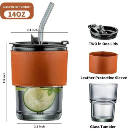 50ml Reusable Glass Coffee Tumbler – With Straw, Lid & Protective Leather Sleeve | Eco-Friendly & Stylish